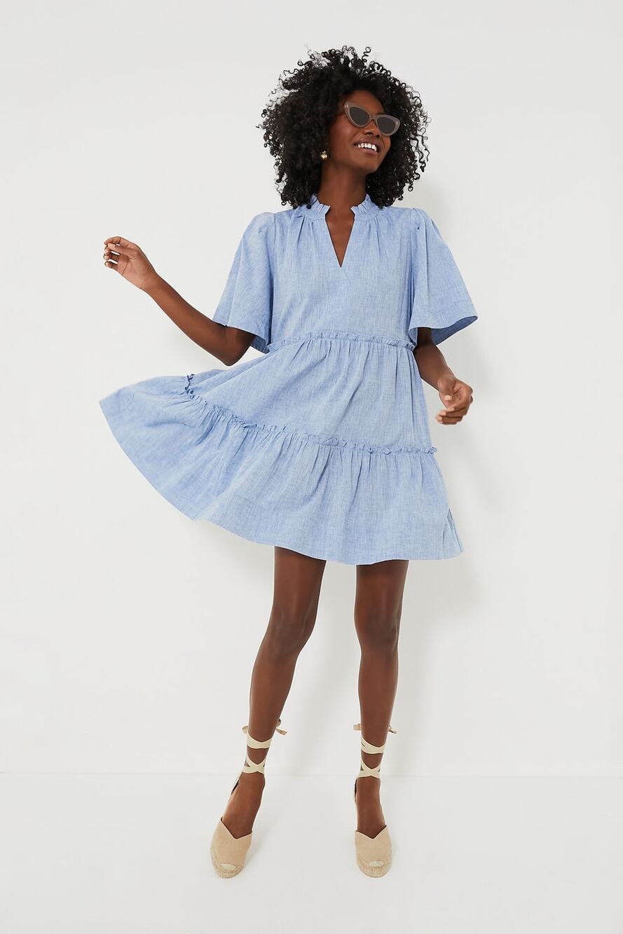 Tuckernuck CRAWFORD Linen Dress Blue Chambray Tiered Ruffles Size L